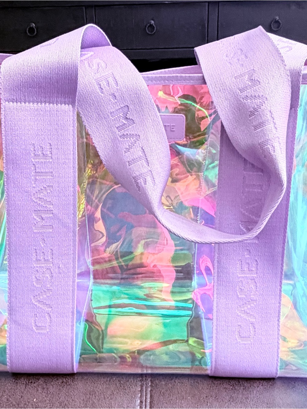 case-mate Iridescent Clear Tote with Lavender Straps